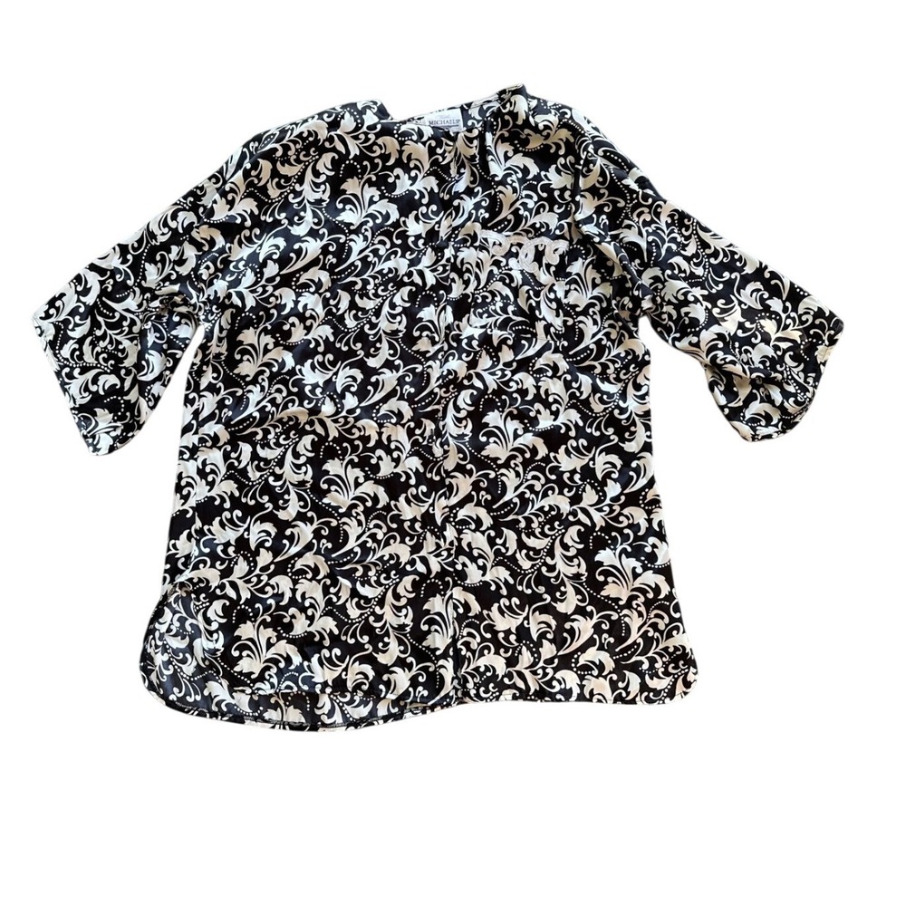 Beth Michaels Black White Damask Scroll Print 3/4 Sleeve Blouse‎ Top Large 4566